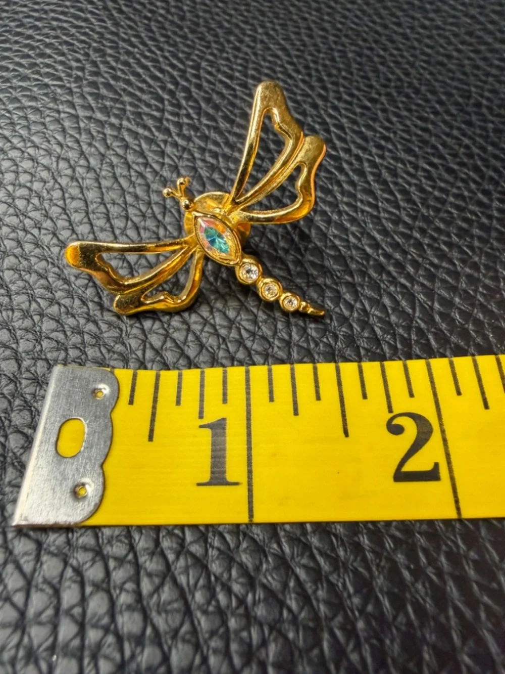 Vintage Gold Tone Avon Dragonfly Aurora Borealis Crystal Brooch Signed Pin 1.5